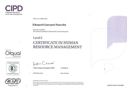 CIPD Level 5 Certificate in Human Resource Management (Ofqual-regulated), awarded to Édouard Gouvaert-Nouvelot.